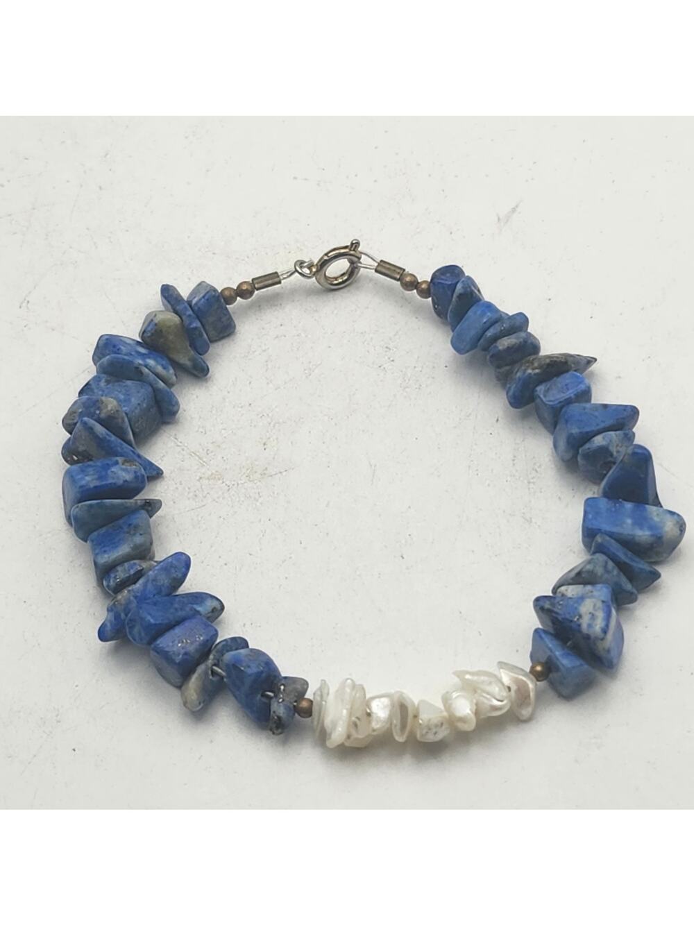 Lapis Lazuli Mother Of Pearl Shell Bracelet Blue White Chip Nugget Stone 6.5 In